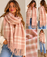 NWT Steve Madden Pink Cream Plaid Oversized Scarf 80” Fringe Soft Cozy Wrap picture