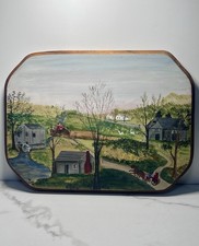 VTG 90s Americana Hand Painted Wood Plaque Barn Farm Watermill Landscape Signed picture