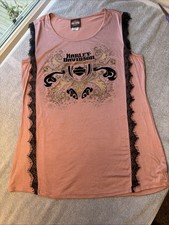Womens Harley Davidson Sleeveless Top  Lg Rose Pink Black Lace Rhinestones. picture