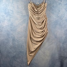 Lovely Day Champagne Gold Ruched Cowl Neck Asymmetrical Handkerchief Hem Dress picture