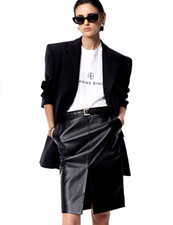 ANINE BING Black Leather Straight Pencil Skirt Knee Length Size M Zip picture