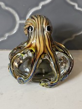 Hand Blown Glass Octopus Figurine Paperweight Brown Striped Bubbles picture