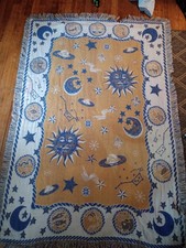 Vintage Celestial Sun Moon Stars Zodiac Tapestry Throw Blanket Navy Gold 48x70 picture