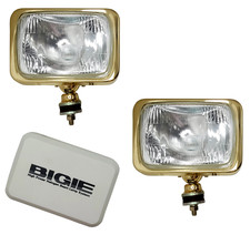 BIGIE VINTAGE 12V 9 INCH SQUARE OFFROAD LIGHT GLASS LENS GOLD METAL HOUSING PAIR picture