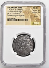 PHOENICIA Tyre Melkart c126/5BC-c65/6AD Shekel NGC Ch. XF 4/5 2/5 Marks Year 10 picture