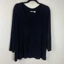 Chicos Travelers Blouse Size 3 US XL Black Slinky Knit V Neck 3/4 Sleeves picture