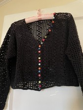 Women’s Vintage 1980s Black Cotton Crochet Cardigan Colorful Buttons Size S EUC picture