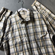 Filson Mens Large Plaid Button Down Shirt Tan Olive Green Long Sleeve Cotton picture