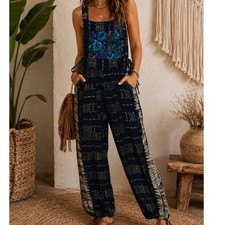 Vintage Guatemala Ikat Jumper Overalls Floral Embroidered Patchwork folk boho M picture