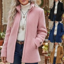 Fleece Zip-Up Jacket Women's Stand Collar Solid Color Loose Fit Casual Long Slee picture