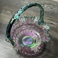 Fenton Iridescent Purple & Green Hobnail Art Glass Handled Basket 1960s signed picture