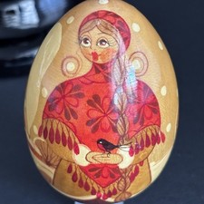 Vintage Russian Girls Hand Painted Egg Lacquered Wood Christmas Winter Cat & Dog picture