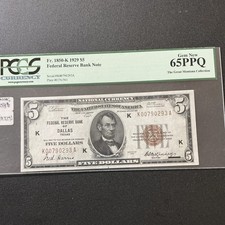 1929 $5 Federal Reserve Bank Note Fr. 1850-K PCGS Currency 65 PPQ picture