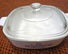 CorningWare P-1-B 1 Qt Square White/Blue Floral Casserole Dish w/ Glass Lid picture