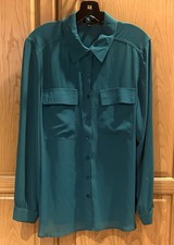 SPENSE Button Down Blouse Tunic Teal Blue Roll Tab Sleeves Semi-Sheer Size XL picture