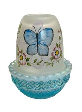 Mosser Glass Fairy Lamp HP Blue Butterfly On Aqua Opalescent Iridized Signed picture