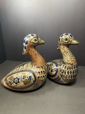 Vntg 1970’s Tonala Mexico Folk Art 8” Duck Figurines W/ Floral Design Set Of 2 picture