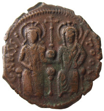 BYZANTINE. AE FOLLIS. JUSTIN II & SOPHIA, 565-578 AD. THEOUPOLIS (ANTIOCH) MINT. picture