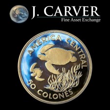 1974 Costa Rica 50 Colones WWF Green Sea Turtle .925 Silver Proof Conservation picture