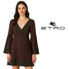 Etro Burgundy and Black Checkered V-Neck Dress Size 40 US 4 picture
