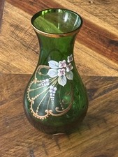Bohemian Czech Emerald Green Glass Vase Gold Gilded Enamel Raised Flowers 4 “ picture