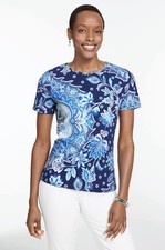 NWT Talbots Women’s Size PS Blue Paisley Cotton Blend Crew Neck Pullover Tee picture