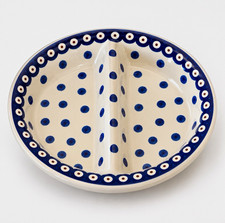 Boleslawiec Handmade Polish Pottery Blue/White Polka Dot Divided Bowl 11 in picture