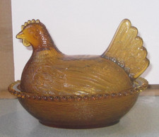 Vintage Indiana Amber Hen On beaded Nest ,  No Cracks /Chips picture