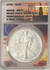 1776-2026-D Silver Eagle Overstrike INDEPENDENCE PRIVY  ANACS MS 70 FS 🇺🇸 picture