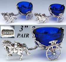 Antique Continental Silver & Cobalt Glass Open Salt PAIR, 2-Horse Drawn Carriage picture