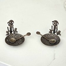 Vintage Mexican 800 Silver Salt Cellars Pair w Spoons Aztec Calendar Eagle 69g picture