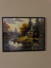 Hand Painted Paint by Numbers Cabin Landscape 16x20 Framed Wall Art picture