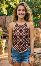 Handmade Vintage Granny Square Crochet Halter Top Red Brown Boho Crop XS/Sm picture