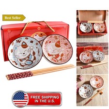 Ceramic Rice Bowl with Chopsticks Set of 2, 4.5'' Cute Cat Small Bowls picture