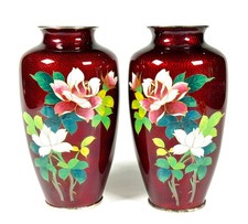 Japanese Cloisonne Vases Pair-Pigeon Blood Red-Ginbari Rose Floral 7
