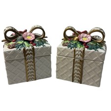 Fitz and Floyd Classics Ceramic Gift Box Trinket Jars Set of 2 Holiday Floral picture