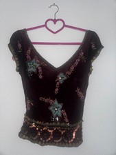 Aftershock Silk Top Size S Burgundy Floral Beaded Sequins picture