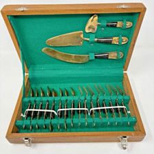 Vintage Siam Thailand Brass Praying Buddha Flatware Dessert Set with Wood Case picture