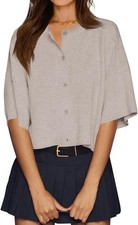 Womens Lightweight Knit Cardigan Oversized Cropped Half Sleeve Button Down Sweat picture