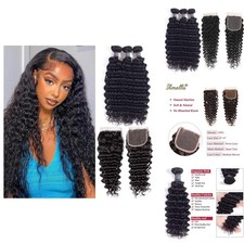 Amella Hair 8A Brazilian Deep Wave Bundles with Closure 10 12 14+10in Natural picture