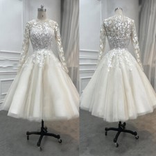 Lace Appliques Short Wedding Dresses With Long Sleeves Tea Length Bridal Gowns picture