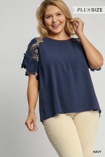 Plus Umgee Navy Linen Cotton Round Neck Top with  3D Floral Lace Raglan Sleeves picture