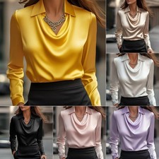 Women's Satin Blouse Elegant Swing Cowl Neck Long Sleeve Office Casual Shirt Top picture