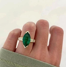 3.Ct Marquise Cut Natural Emerald & Diamond Wedding bridal Ring 14K Yellow Gold picture
