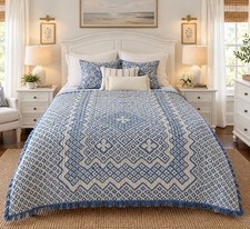 Vintage Blue and White Chenille Queen/King Coverlet Coquette Cottage Core picture