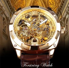 Forsining Mens Skeleton Mechanical Waterproof Luxury Watch Leather Gift Idea picture