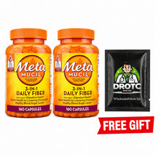 Metamucil Psyllium Fiber 160 Capsules 2-Pack + Free DR OTC Eye Wipe - Exp 8/27 picture