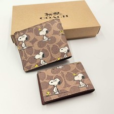 COACH Classic Cartoon-Printed PEANUTS Snoopy Brown Leather Foldable Wallet picture