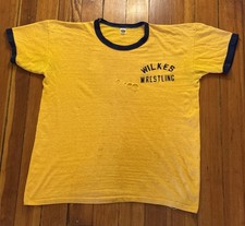 1960s Russell Southern Company Wilkes Wrestling Yellow Ringer T-Shirt Size Large picture