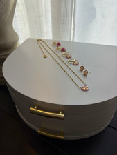 Kendra Scott Yellow Gold Plated Pink Enamel Heart Necklace & Earrings Set Signed picture